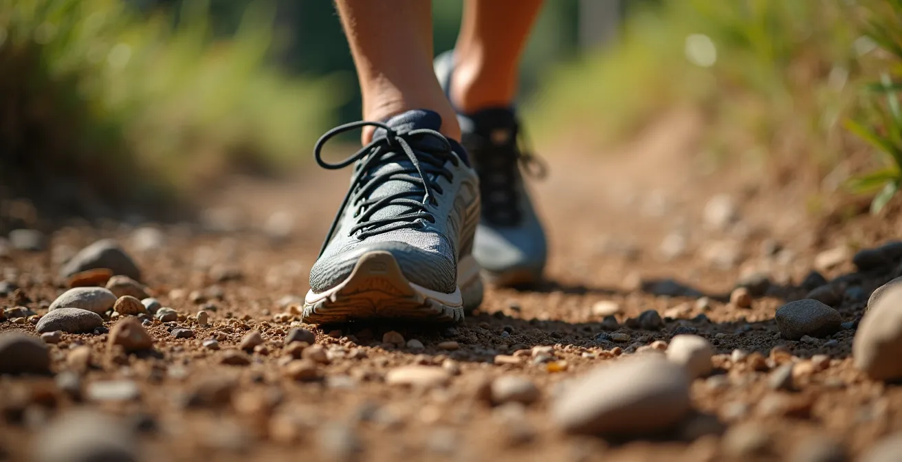 Gros plan sur un pied enchaînant la foulée en trail sur terrain naturel varié avec textures de terre et roches.
