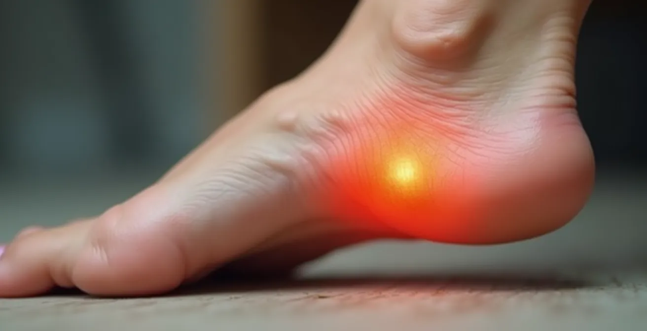 Gros plan sur pied avec douleur localisée au talon, lumière douce mettant en valeur la texture de la peau et du talon.