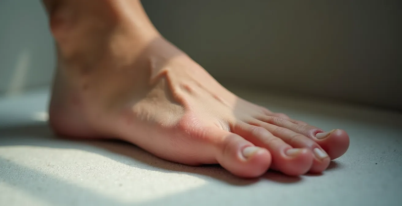 Photographie d’un pied présentant une déformation d’hallux valgus, prise avec éclairage naturel et composition symétrique.