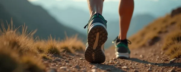 Photographie réaliste d'un coureur de trail en action sur un sentier de montagne, montrant ses pieds chaussés de chaussures de trail robustes, avec un éclairage naturel cinématographique et un fond flouté subtil (bokeh).