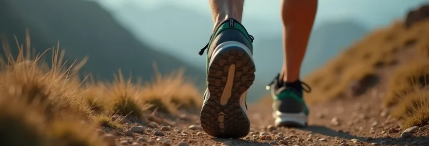 Photographie réaliste d'un coureur de trail en action sur un sentier de montagne, montrant ses pieds chaussés de chaussures de trail robustes, avec un éclairage naturel cinématographique et un fond flouté subtil (bokeh).