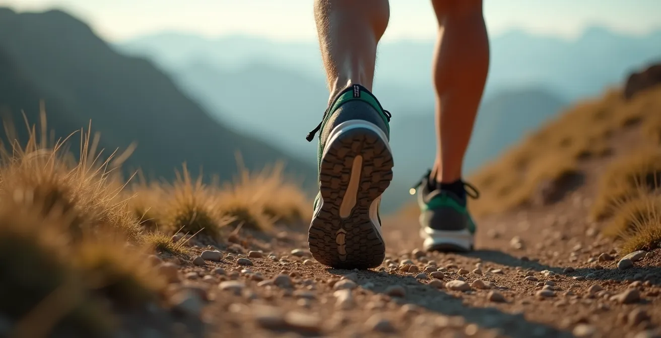 Photographie réaliste d'un coureur de trail en action sur un sentier de montagne, montrant ses pieds chaussés de chaussures de trail robustes, avec un éclairage naturel cinématographique et un fond flouté subtil (bokeh).